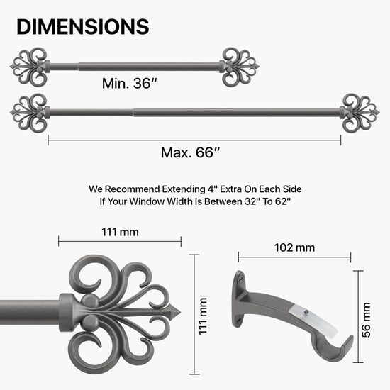 DECO WINDOW Fashion Grey Metal Extendable Curtain Rod with Hooks - 144x12.5x7.5cm