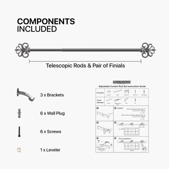 DECO WINDOW Fashion Grey Metal Extendable Curtain Rod with Hooks - 144x12.5x7.5cm