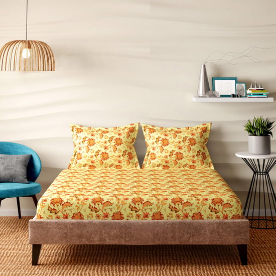 PORTICO Floral Romance Yellow Printed Cotton Queen Size Bedsheet Set - 224 x 254 cm - 3Pcs