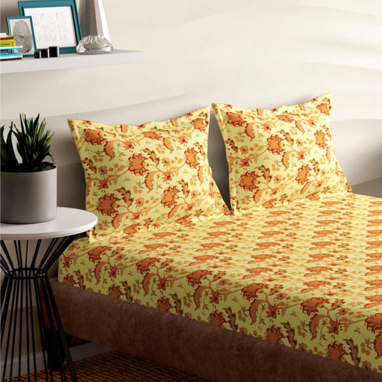 PORTICO Floral Romance Yellow Printed Cotton Queen Size Bedsheet Set - 224 x 254 cm - 3Pcs
