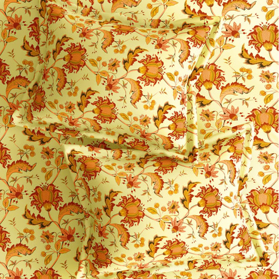 PORTICO Floral Romance Yellow Printed Cotton Queen Size Bedsheet Set - 224 x 254 cm - 3Pcs