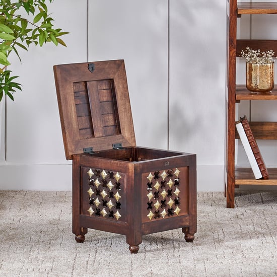 Pixel Mango Wood Stool with Storage - Brown