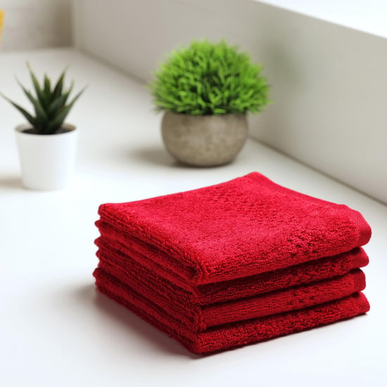 SPACES Swift Dry Set of 4 Cotton Textured Face Towel Red 30x30cm Red