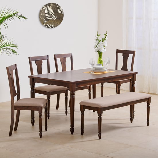 Helios Zoe Solid Wood 6-Seater Dining Set with Chairs and Bench - Brown