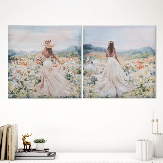 Brezza Set of 2 Canvas Woman and Flowers Printed Picture Frames - 50x50cm