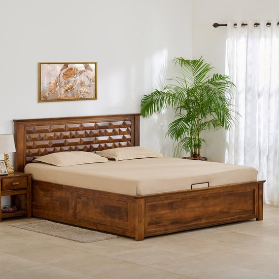 Adana Swaram Mango Wood King Bed with Hydraulic Storage - Brown