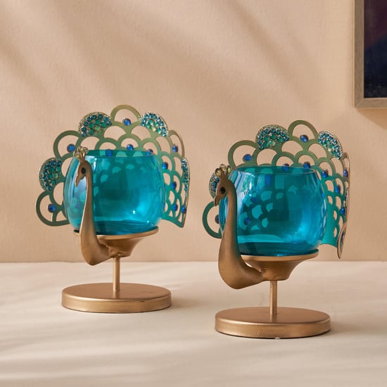 Mayur Set of 2 Glass & Metal Peacock T-Light Holders