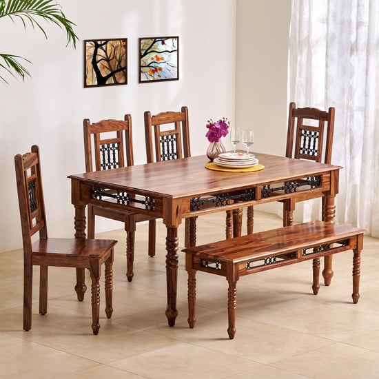 Kian Sheesham Wood 6-Seater Dining Set with Chairs and Bench -  Brown