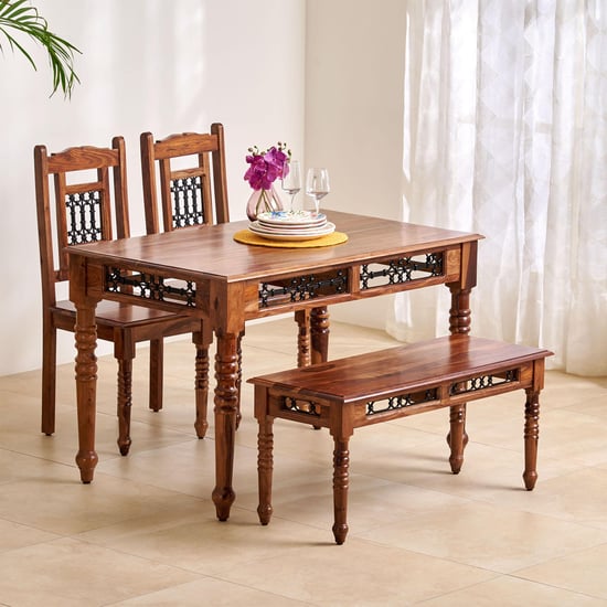 Kian Sheesham Wood 4-Seater Dining Set with Chairs and Bench -  Brown