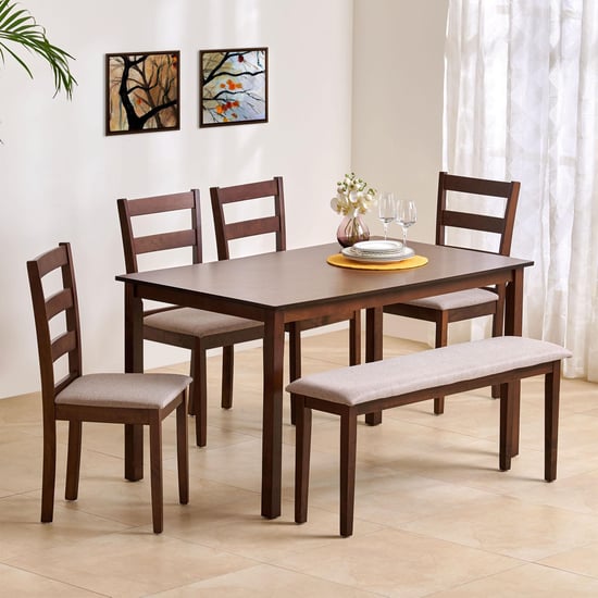 Helios Lia Solid Wood 6-Seater Dining Set with Chairs and Bench - Brown