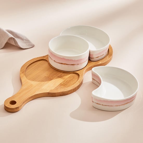 Showstopper Set of Porcelain Snack Bowls with Bamboo Tray White
