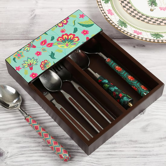 INDIA CIRCUS Neon Cyanic Pop Burst Wooden Printed Cutlery Tray