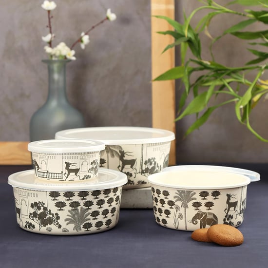 INDIA CIRCUS Monochrome Palatial Courtyard Set of 4 Bamboo Fibre Storage Containers