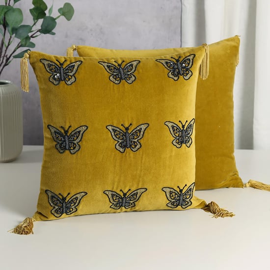 INDIA CIRCUS Aureolin Butterfly Embellished Cushion Cover - 41x41cm