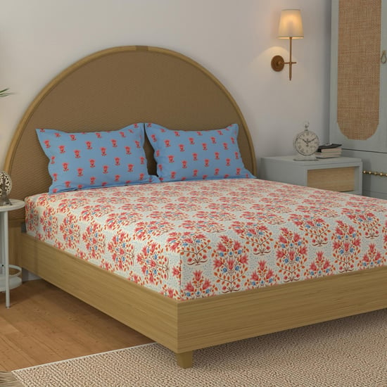 STELLAR HOME Jharokha Cotton 120TC Floral Print 3Pcs Queen Bedsheet Set