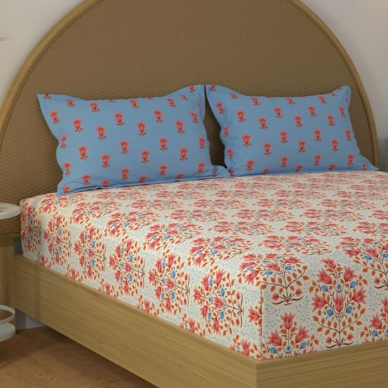 STELLAR HOME Jharokha Cotton 120TC Floral Print 3Pcs Queen Bedsheet Set