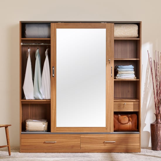 Quadro 2-Door Sliding Wardrobe with Mirror and Drawers -  Brown