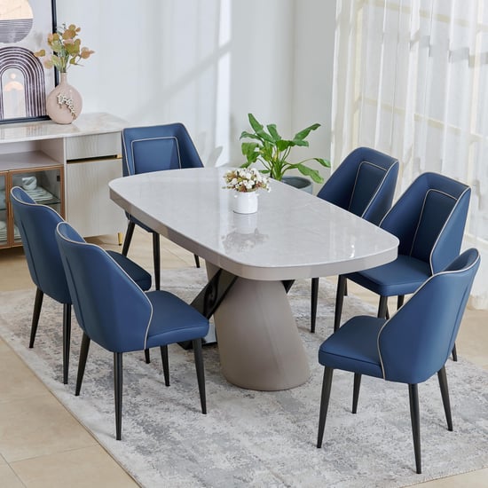 Marcello Glass Top 6-Seater Dining Set with Chairs - Grey and Blue