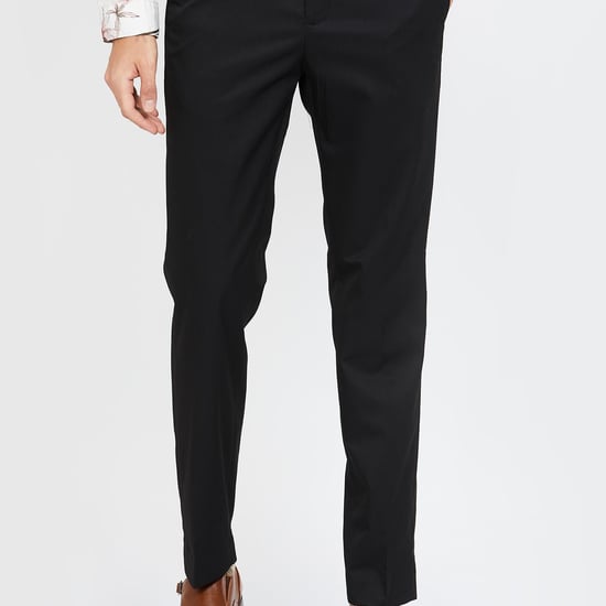 CODE Solid Slim Fit Flat Front Formal Trousers