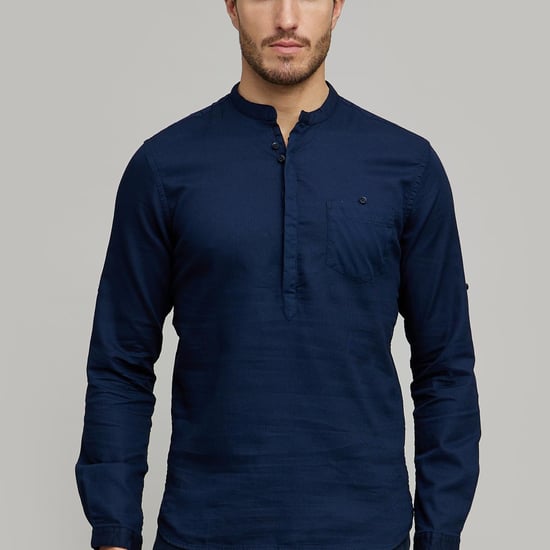 CELIO Solid Linen Mandarin Collar Shirt