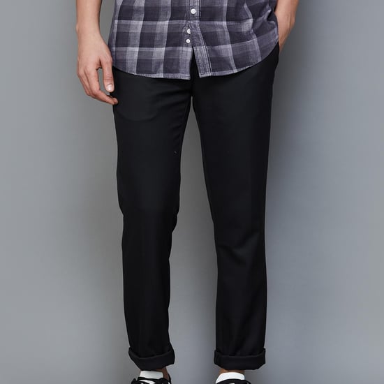 V DOT Men Textured Slim Straight Casual Trousers