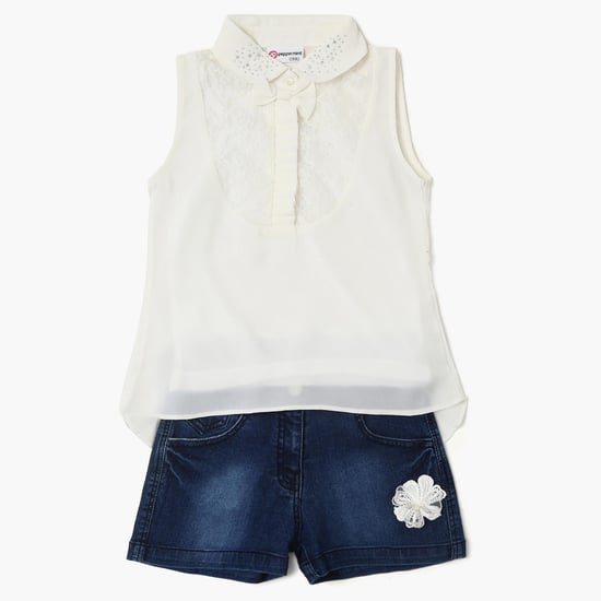 PEPPERMINT Lace Detail Top With Camisole And Denim Shorts