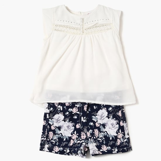 PEPPERMINT Solid Crochet Trim Top And Floral Print Shorts Set