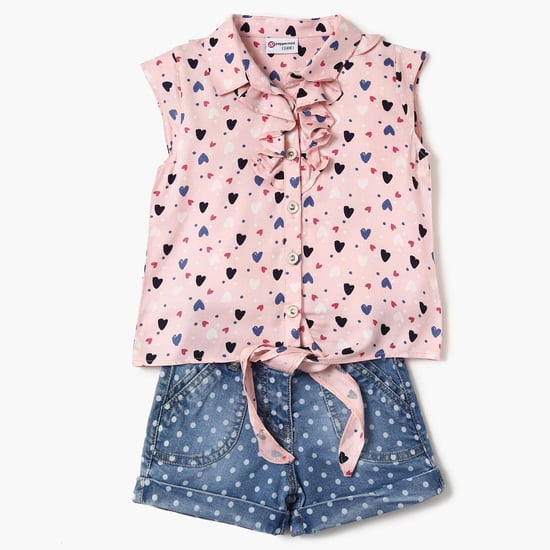 PEPPERMINT Heart Print Top And Denim Shorts Set