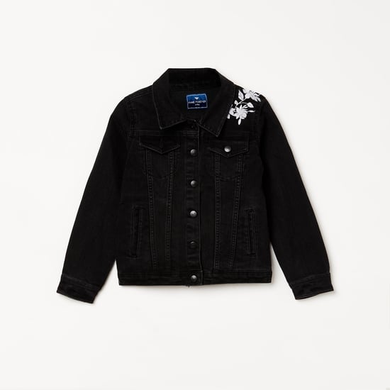 FAME FOREVER Girls Floral Embroidery Denim Jacket