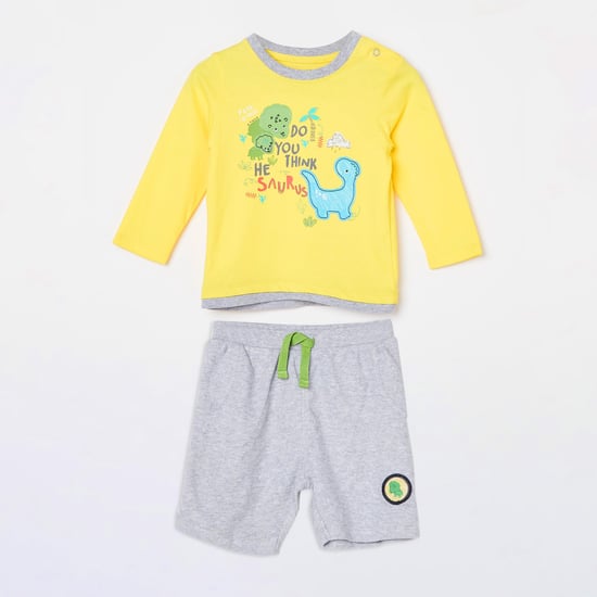FS MINI KLUB Graphic Print Long Sleeve T-shirt with Melange Shorts
