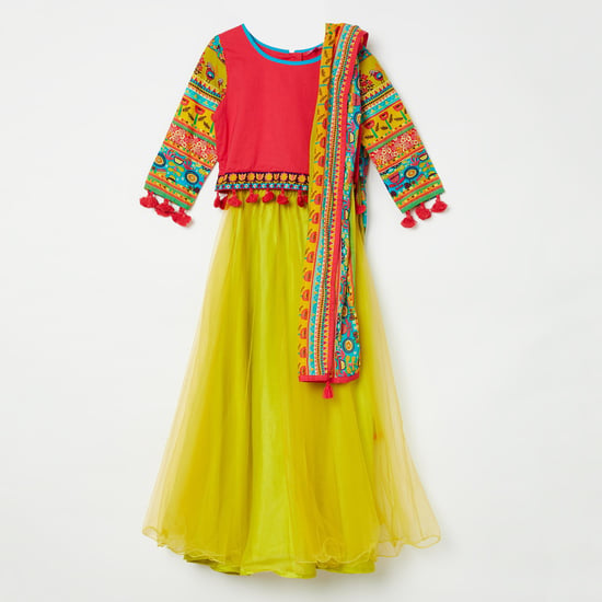 BIBA Printed Tassel Trimmed Top with Lehenga and Dupatta