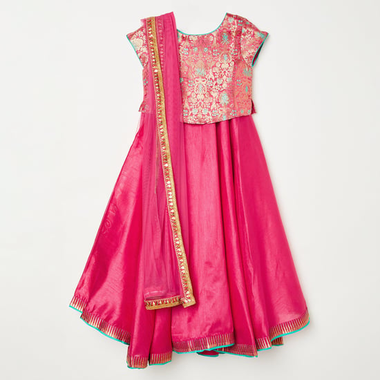 BIBA Printed Top with Solid Lehenga and Dupatta