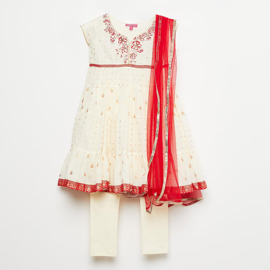 BIBA Embroidered Neck Flared Kurta with Churidar and Dupatta