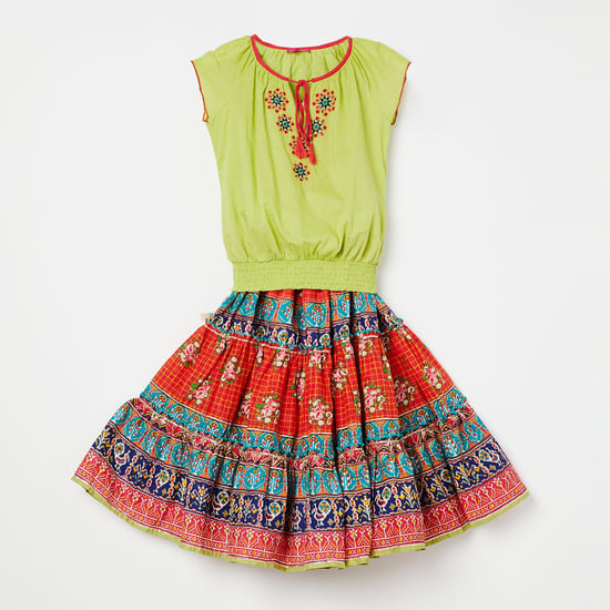 BIBA Embroidered Raglan Sleeve Top with Printed Skirt