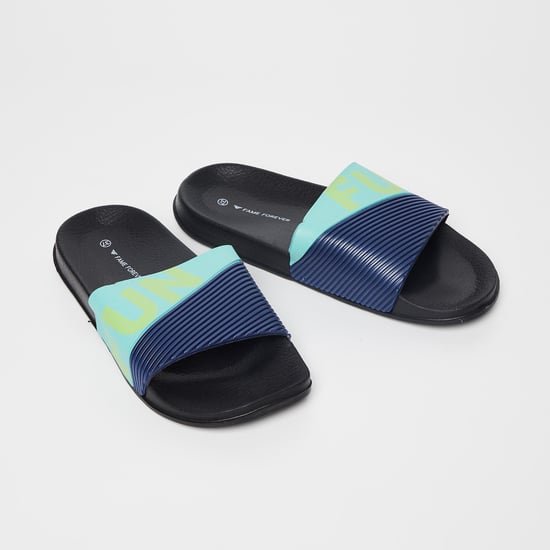 FAME FOREVER Typographic Print Striped Slip-Ons