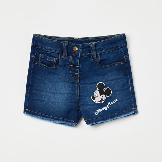 JUNIORS Frayed Hems Denim Shorts with Mickey Applique Blue