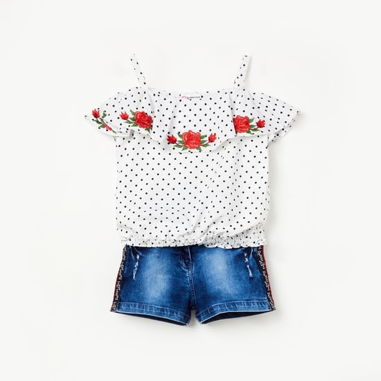 PEPPERMINT Cold-Shoulder Blouson Top with Denim Shorts