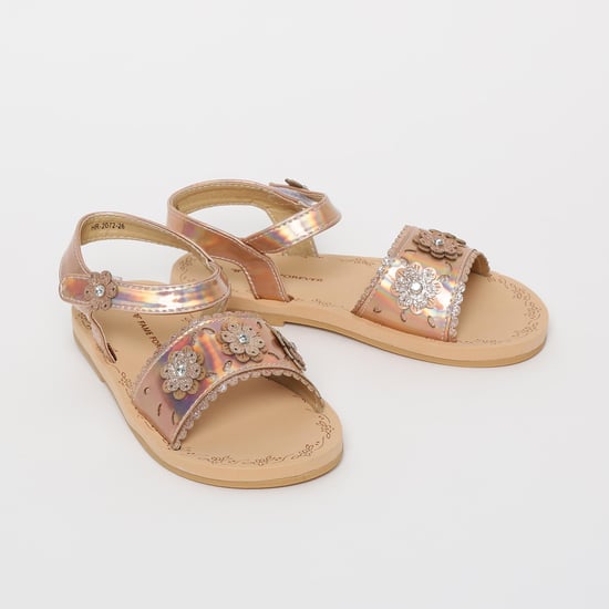 FAME FOREVER Shimmery Flat Sandals with Floral Applique