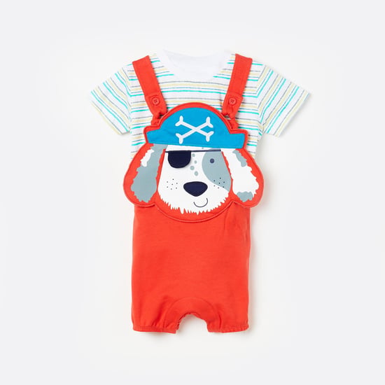 FS MINI KLUB Printed Dungaree with a Striped T-shirt