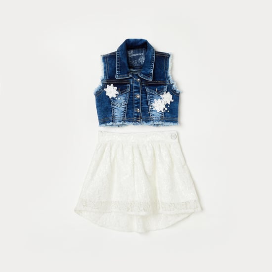 PEPPERMINT Girls Embellished Denim Jacket with A-line Skirt