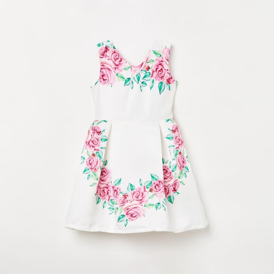 FAME FOREVER Girls Floral Print Sleeveless Fit Flare Dress White