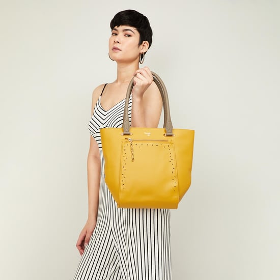 BAGGIT Women Laser Cut Tote Bag with Rolled Handles Yellow