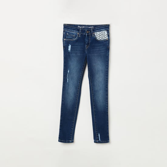 PEPE JEANS Girls Dark Washed Distressed Slim Fit Jeans