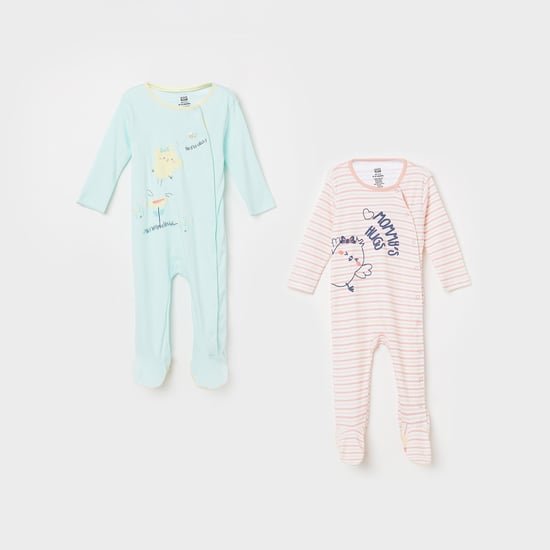 FS MINI KLUB GirlsTypographic Print Striped Sleepsuits - Pack of 2 Pcs.