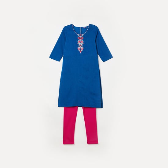 BIBA Embroidered Kurta with Solid Elasticated Leggings