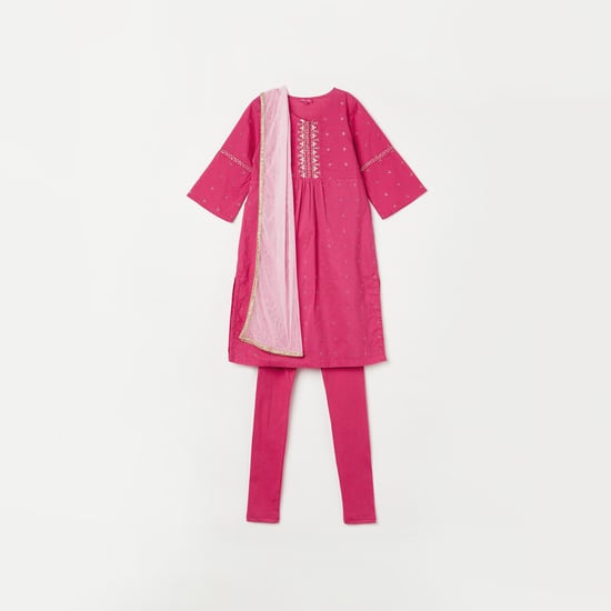 BIBA Girls Embellished Full Sleeves Kurta with Solid Churidar and Dupatta