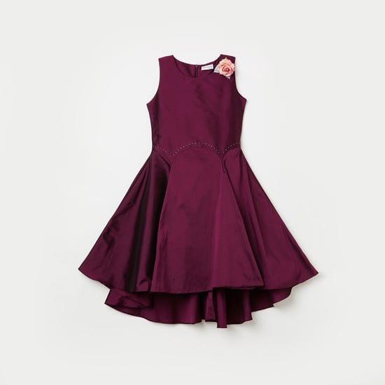 PEPPERMINT Girls Solid Fit-and-Flare Dress with Rosette Accent