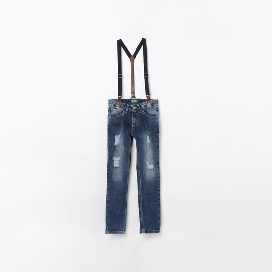 UNITED COLORS OF BENETTON Dark Washed Distressed Jeans with Suspenders