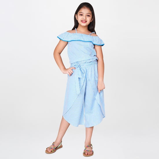 GLOBAL DESI Striped Cold-Shoulder Cropped Jumpsuit