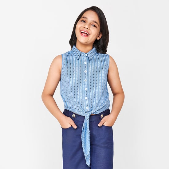 GLOBAL DESI Printed Sleeveless Shirt with Tie-Up Hemline
